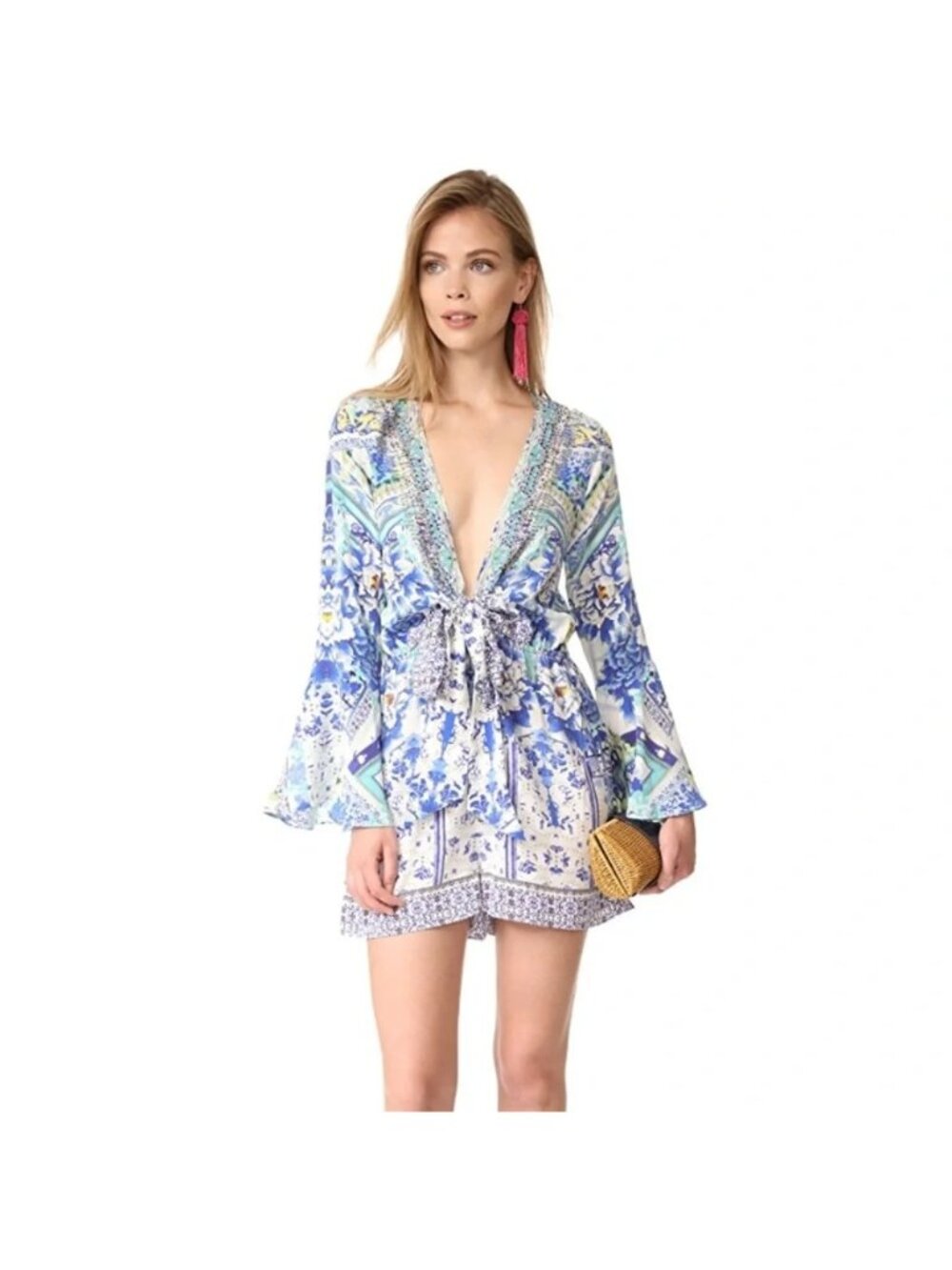 Camilla Women's Porcelain Paradise Wide Sleeve Tie Front Playsuit Size XS 3697 - Picture 2 of 14